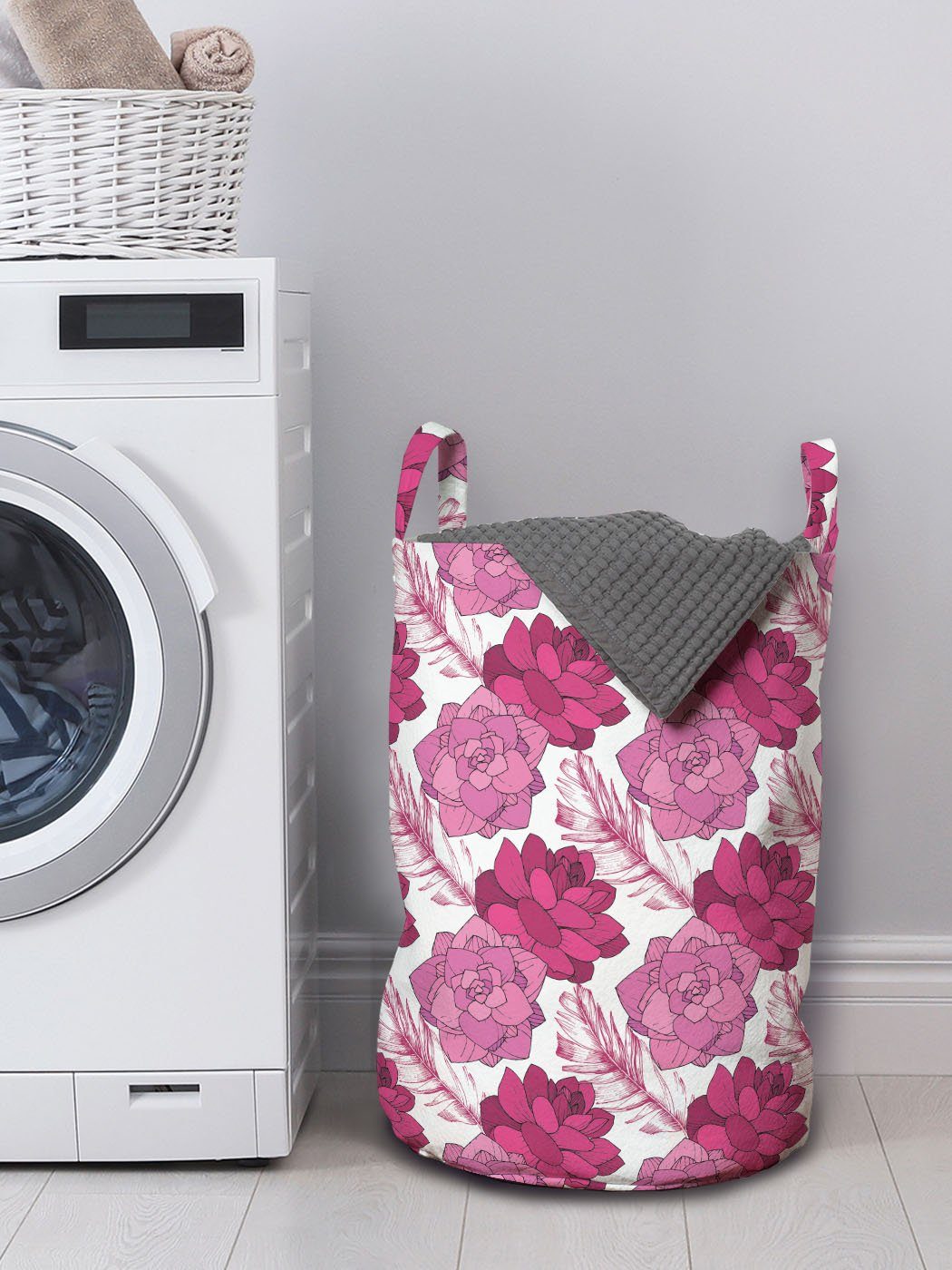 Kordelzugverschluss für Wäschesäckchen Waschsalons, Blumen Abakuhaus tonte Muster mit Griffen Saftige Wäschekorb Rosa