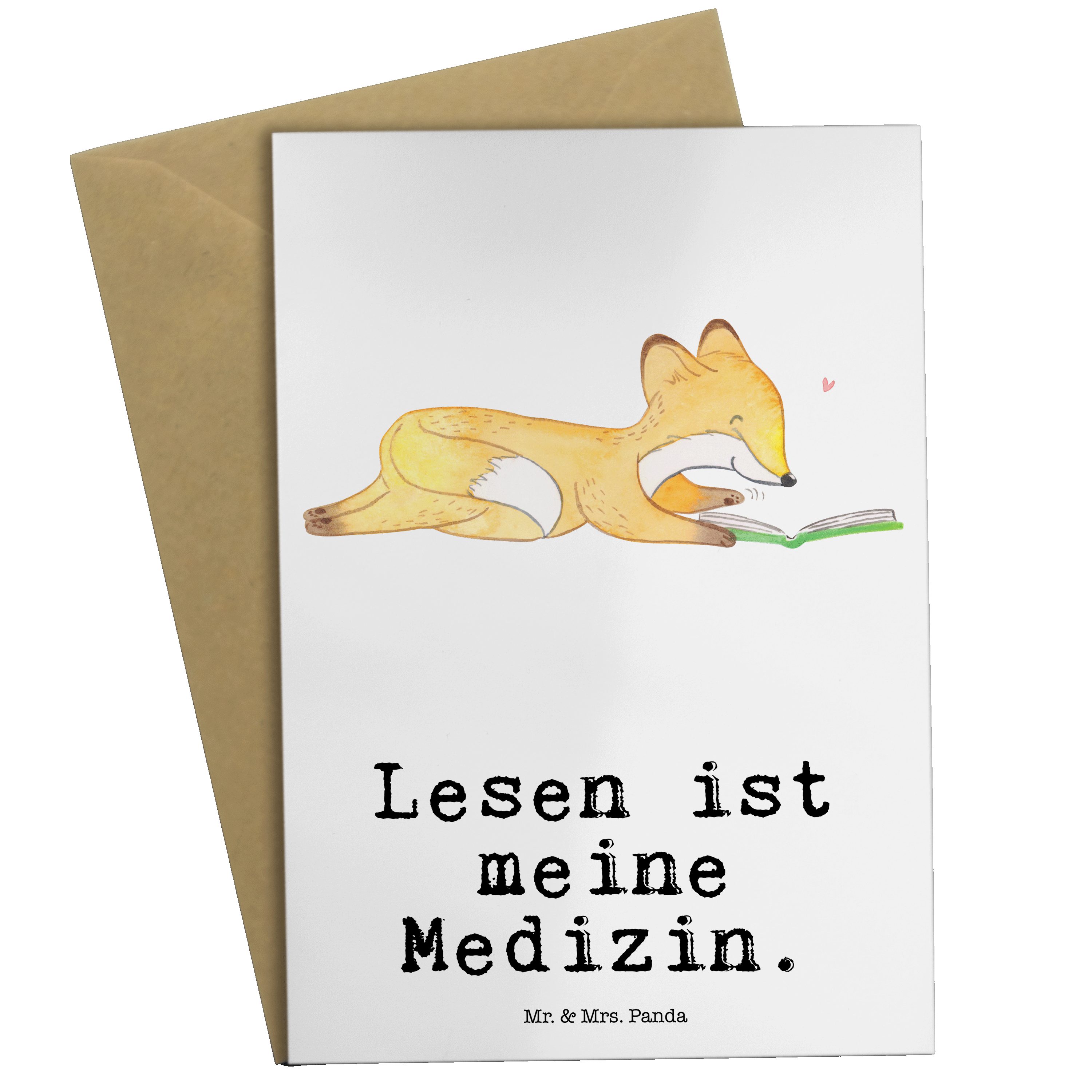 Mr. & Mrs. Panda Grußkarte Fuchs Lesen Medizin - Weiß - Geschenk, Hochzeitskarte, Bücher lesen