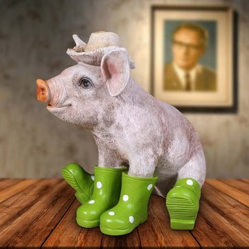 colourliving Tierfigur Deko Schwein Erich mit Hut und Stiefel in grün Schweine Figuren Garten, handbemalt, wetterfest, lebensecht wirkend