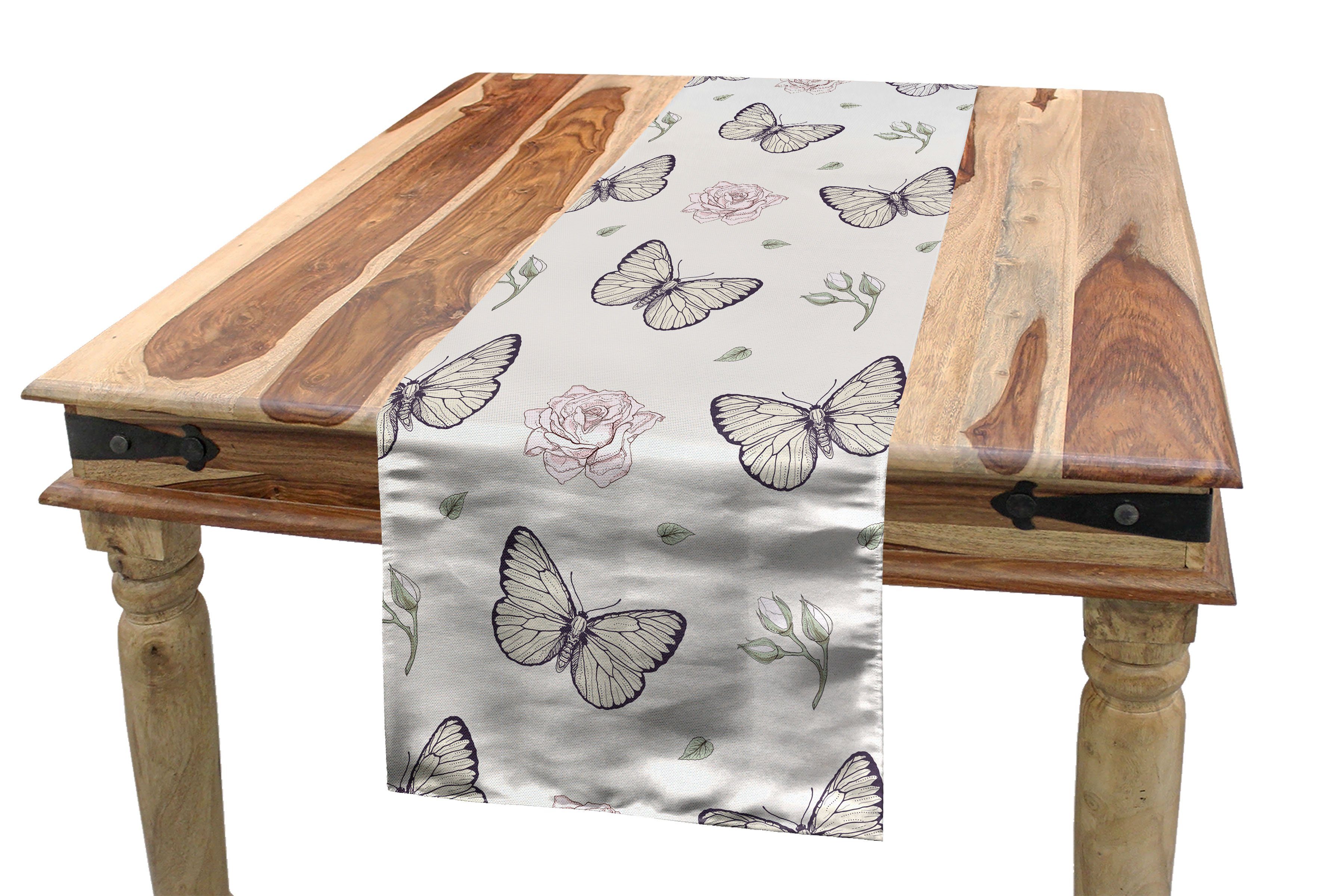 Abakuhaus Tischläufer Esszimmer Küche Rechteckiger Dekorativer Tischläufer, Entomologie Schmetterlinge und Blüten