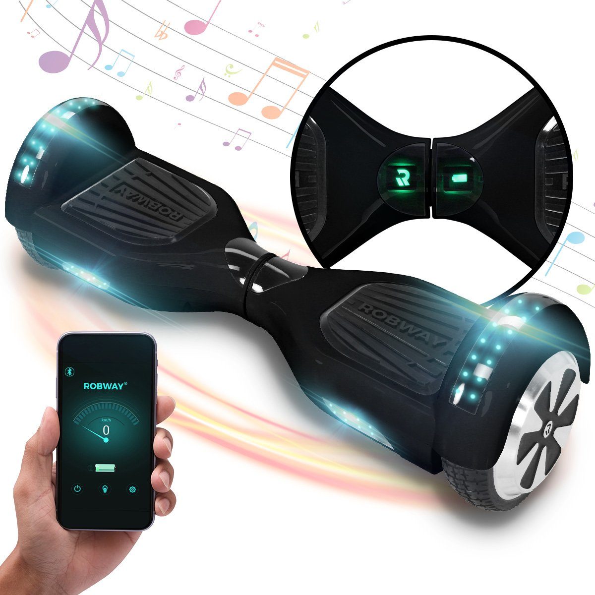 Robway Balance Scooter Hoverboard W1 inkl. Samsung Akku 6.5” inkl. integrierte Lautsprecher, 700,00 W, 15,00 km/h, (1 tlg), Self-Balance-Scooter - Bluetooth - Robway App - LED - Gyrosensoren