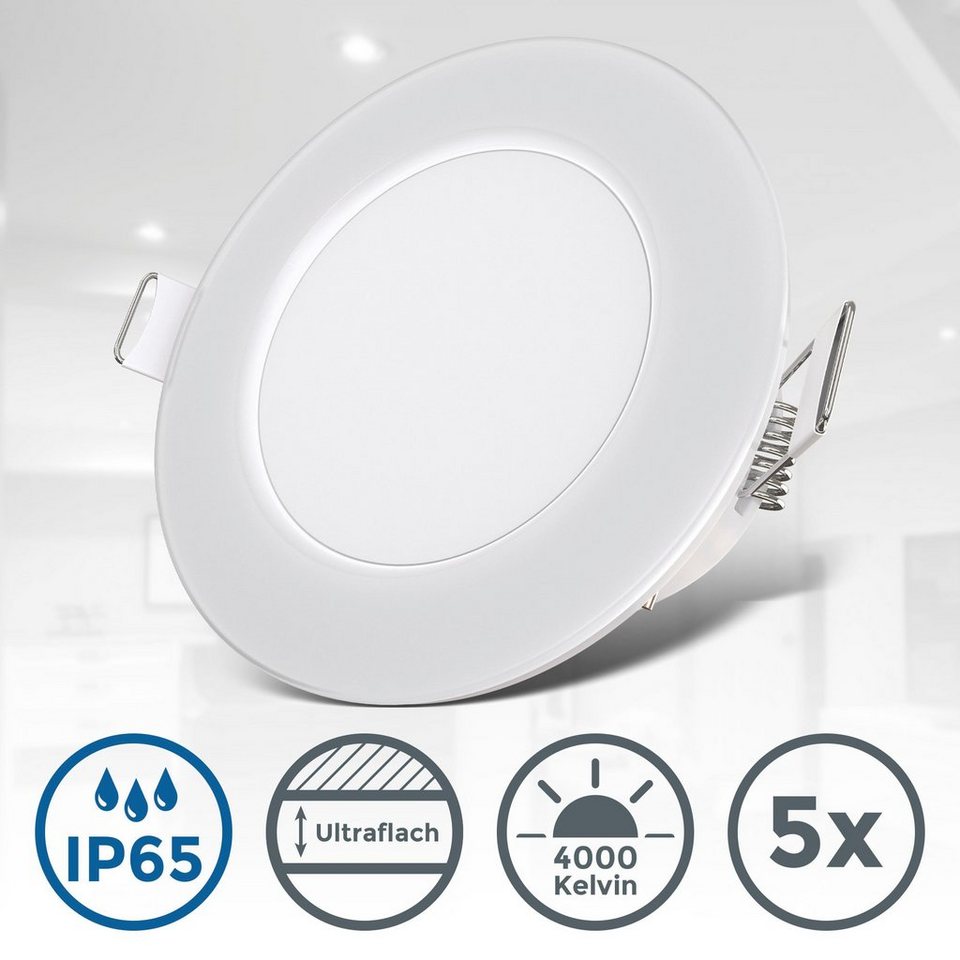 B.K.Licht Einbauleuchte BK_EL1545 5er Set LED Bad-Einbaustrahler,  neutralweißes Licht, LED fest integriert, Neutralweiß, IP65, Weiß, 4.000K,  3W, 350Lm, Ø8,6cm