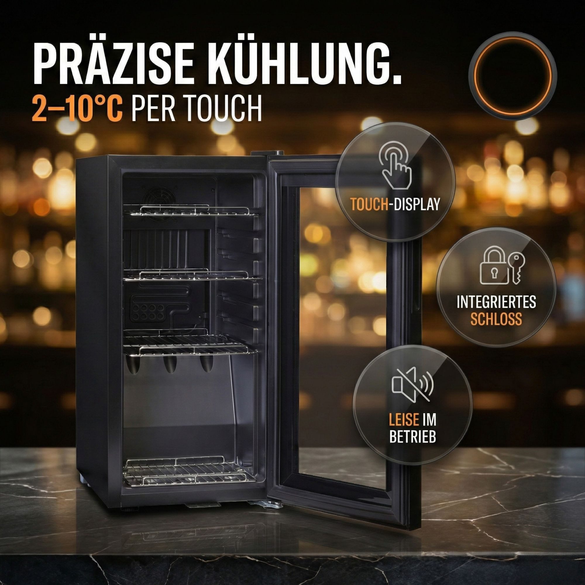 Sommertal Getränkekühlschrank GK50, 70 cm hoch, 35 cm breit, Touchscreen & Schloss kleiner Flaschenkühlschrank schwarz 50L – Bild 2 von 5