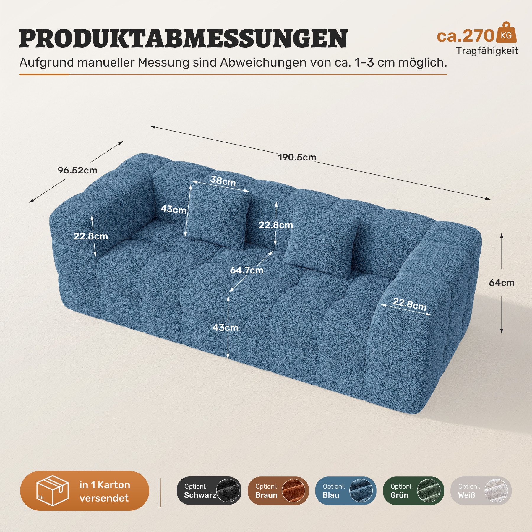 HawthyHome Sofa 2-3 Sitzer – 190 cm Chenille Wohnzimmersofa mit weicher Polsterung, 1 Teile, Modernes Design, keine Montage erforderlich & maximaler Sitzkomfort