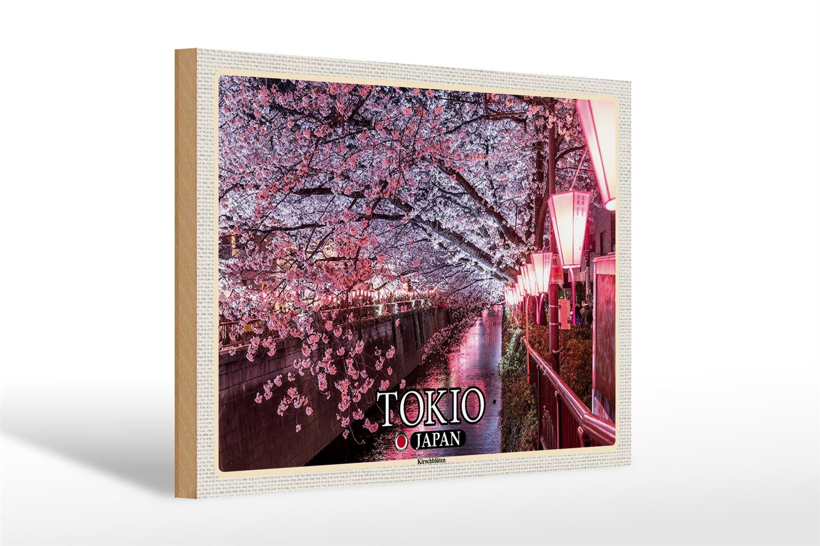 Femer GmbH Holzbild Reise 30x20cm Tokio Japan Kirschblüten Bäume Fluss Deko, (1 St), Glatte Holzfaserplatte (MDF), vorn beschichtet