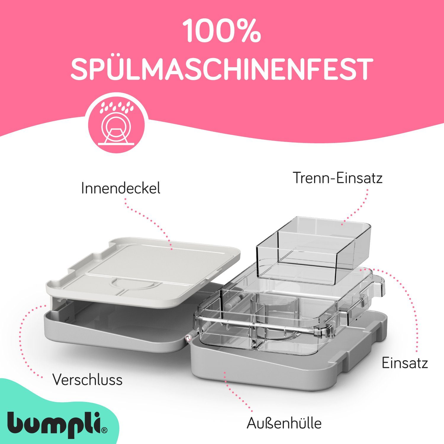 Verriegelung bumpli® Grau Motiven Vesperdose, 6 Kinderfreundliche Fächer Lunchbox Kinder Brotdose (6 Brotbüchse, & Fächer) Auslaufsicher Mit