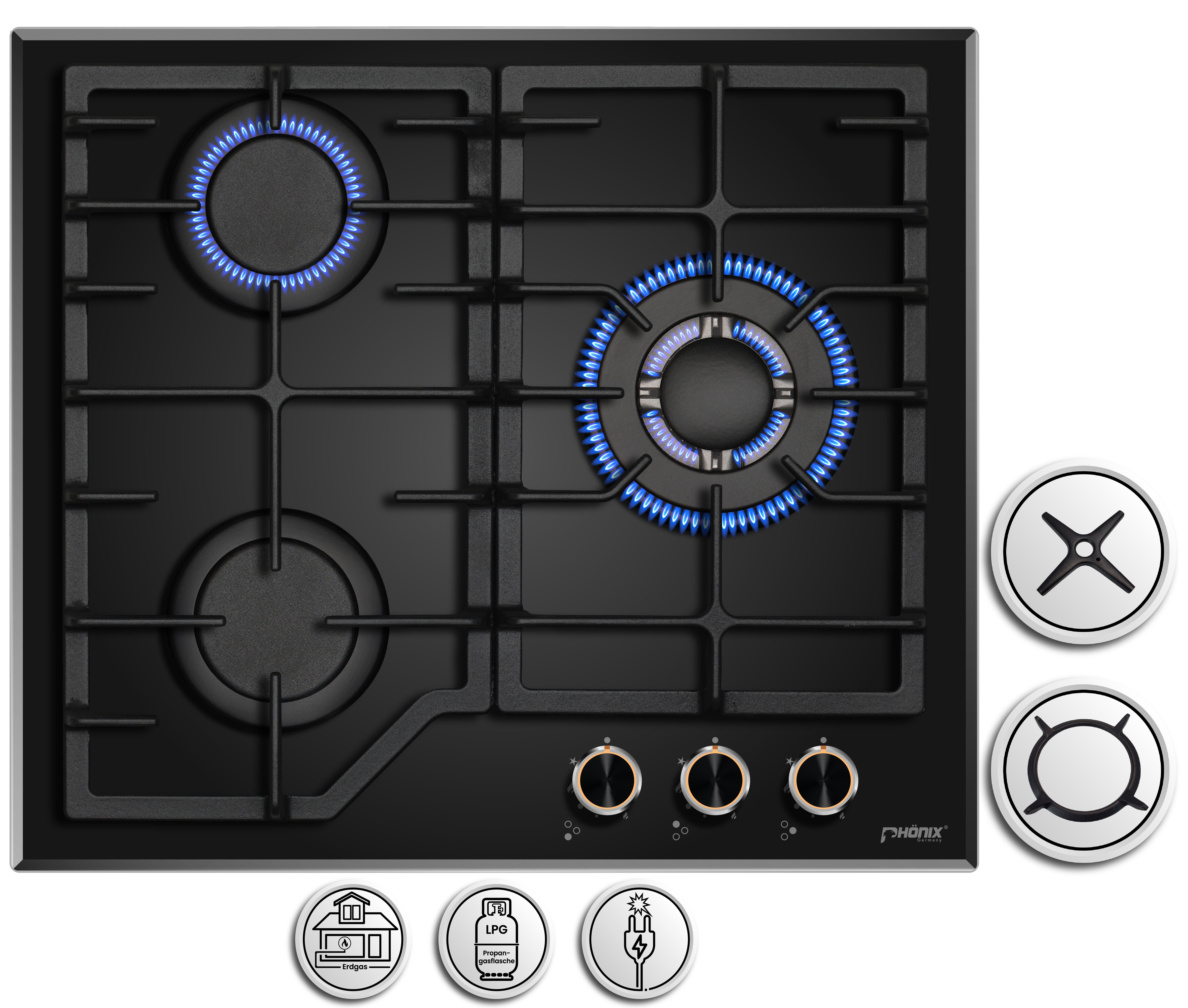 Phönix Germany Gas-Kochfeld PG-631T, Gaskocher 3 flammig mit Zündsicherung, Propan- / Erdgas, H-Gas
