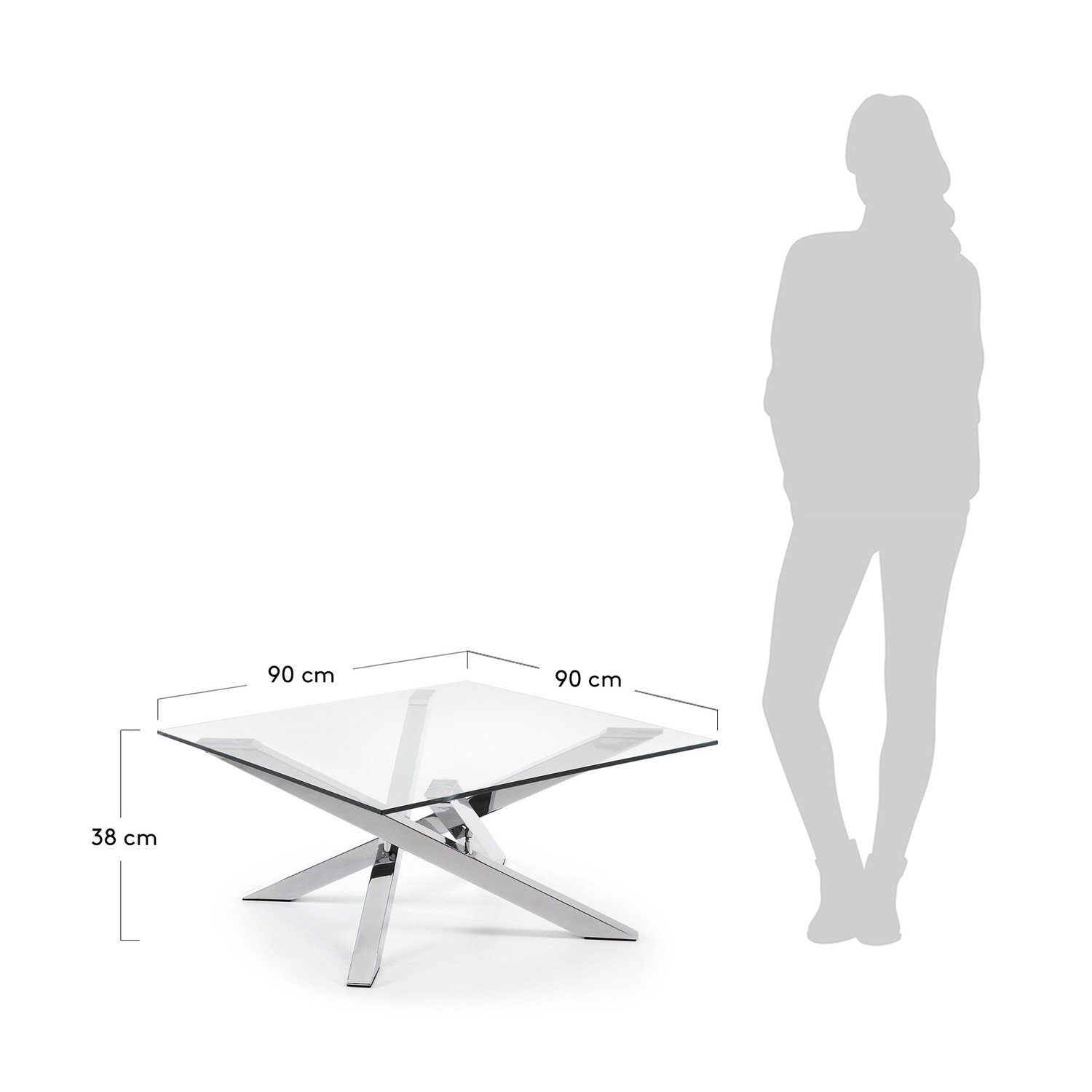 Natur24 verchromten Couchtisch und Beistelltisch mit Stahlbeinen 90x90cm Kamido Glas