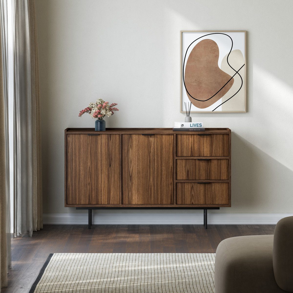 Compleo Kommode vintage nussbaum, Stil Japandi COLGO, Kommode mit zwei Türen und 3 Schubladen