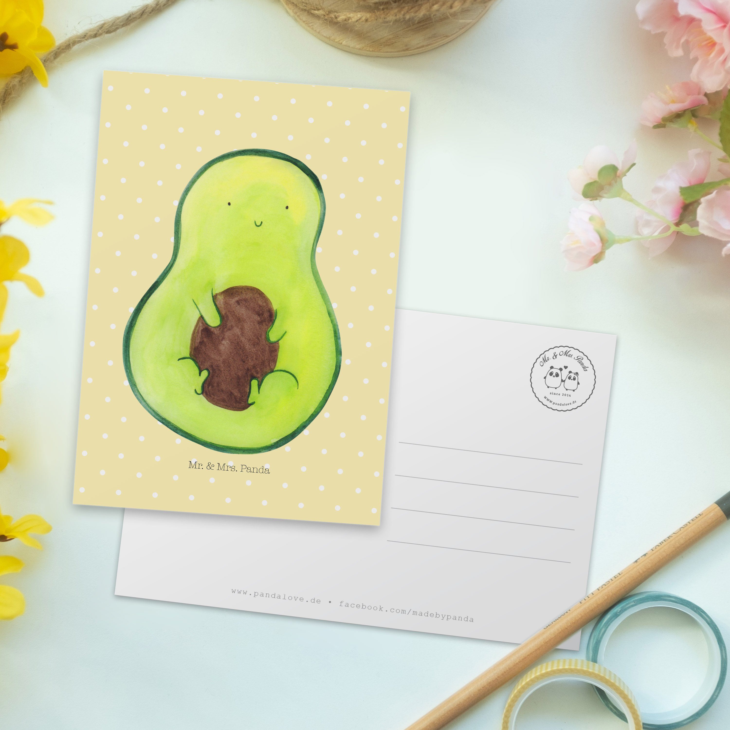 Mr. & Mrs. Panda - Geschenk, mit Avocado Postkarte Grußkarte Gelb - Kern Pastell Veggie, Karte