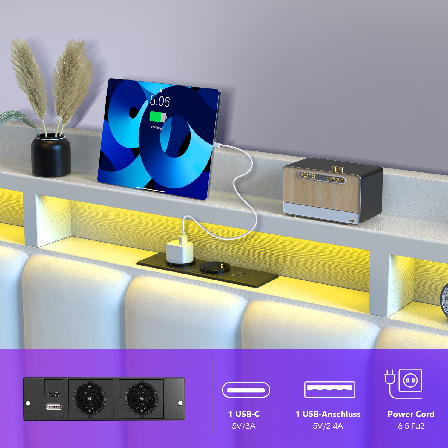 oyajia Polsterbett LED-Beleuchtung Doppelbett 140x200cm mit Ladefunktion und 3 Schubladen (Mit Lattenrost und Ladefunktion, Samt materia Polsterbett), Funktionsbett Stauraumbetten Jugendbett Bettgestell Leises Design Bett