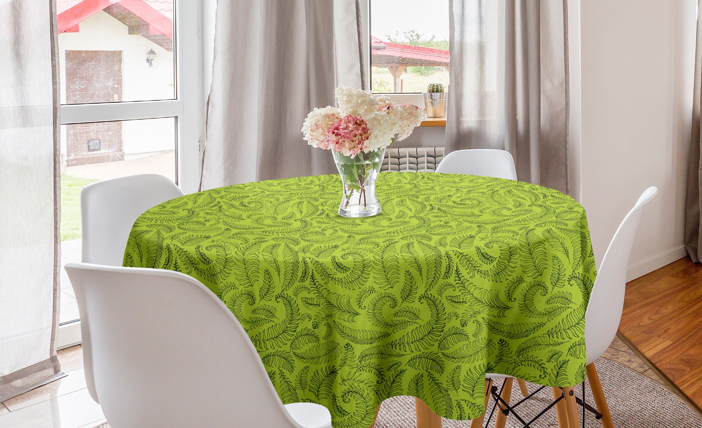 Abakuhaus Tischdecke Kreis Lime-Grün Botanische Tischdecke Küche Abdeckung auf Esszimmer Dekoration, für Blätter Zurück