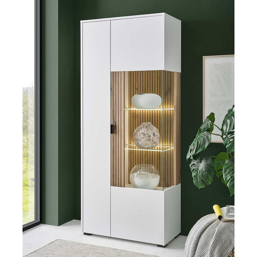 Lomadox Vitrine HUNTER-61 Vitrine Standvitrine Schrank weiß matt Eiche geri günstig online kaufen