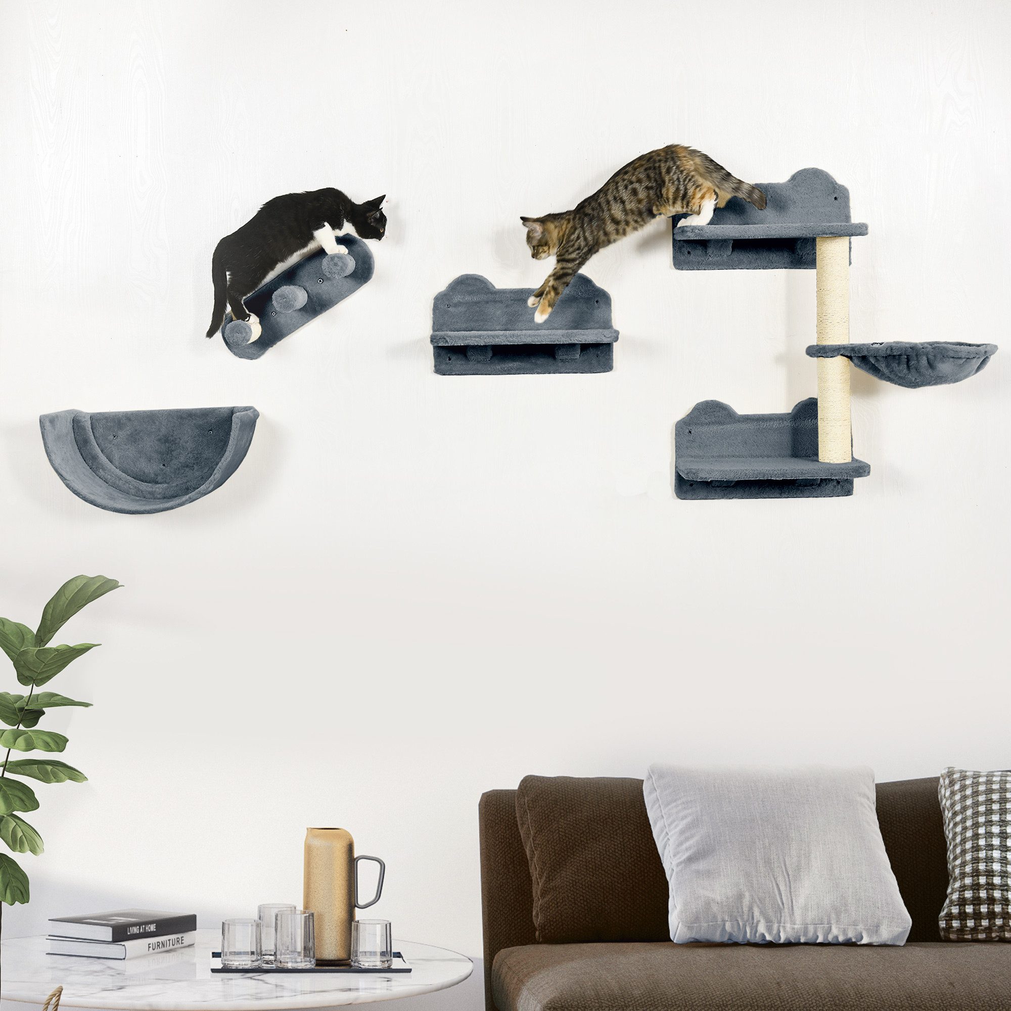 PawHut PawHut Katzen Kletterwand 4 tlg. mit Kaztentreppe Hängematte, Sprungplatt von PawHut
