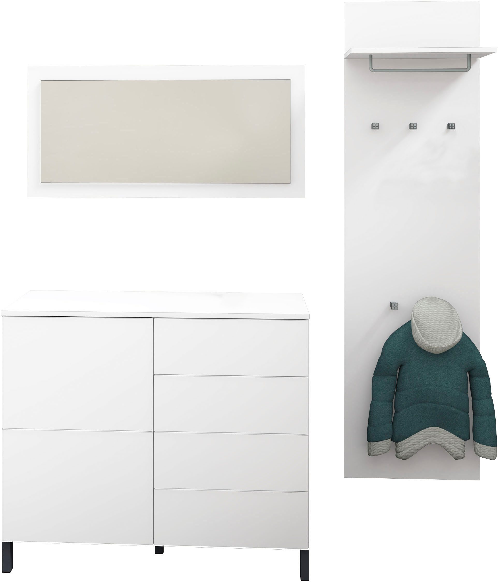 borchardt Möbel Garderoben-Set Haama 3-teilig mit Kommode, Wandpaneel und Spiegel, (3-St), Push-to-open-Technik, Metallfüße, platzsparend