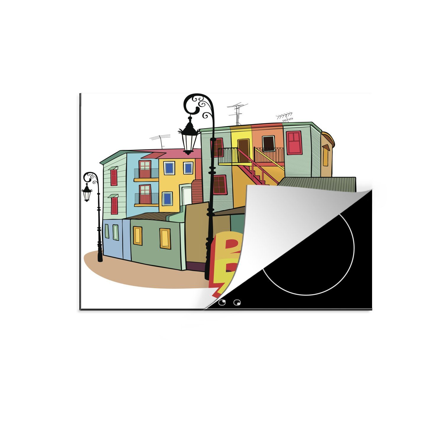 MuchoWow Herdblende-/Abdeckplatte Illustration des Stadtteils La Boca in Buenos Aires, Vinyl, (1 tlg), 60x52 cm, Mobile Arbeitsfläche nutzbar, Ceranfeldabdeckung