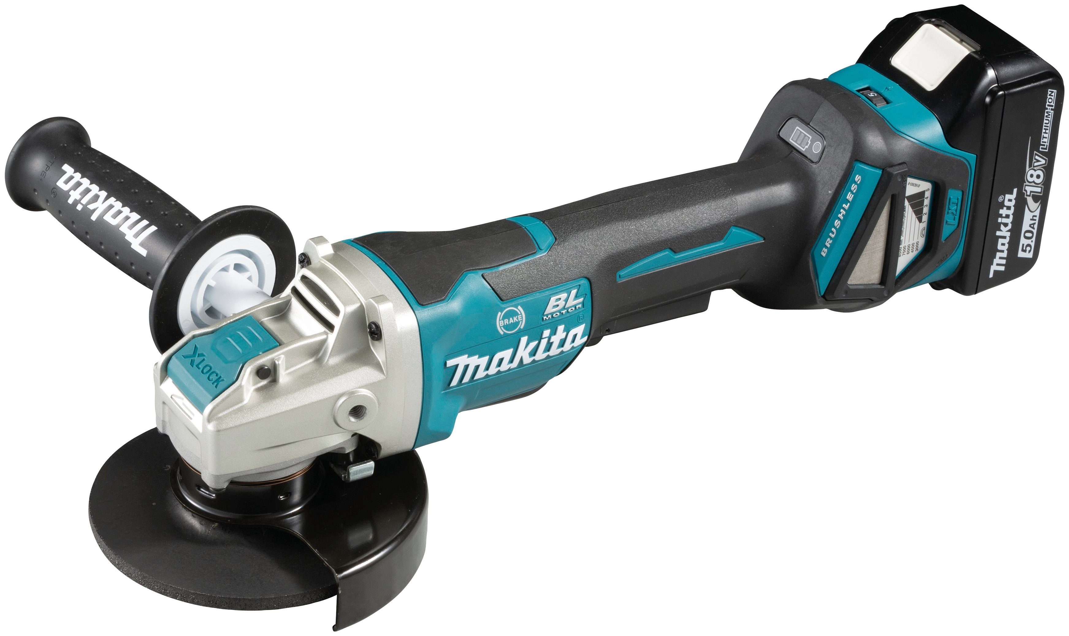 Makita Akku-Winkelschleifer DGA519RTJ, max. 8500 U/min, (Set), X-Lock, inkl.  Ladegerät und 2 Akkus, Leistung/Spannung: Akku-Betrieb, 18Volt