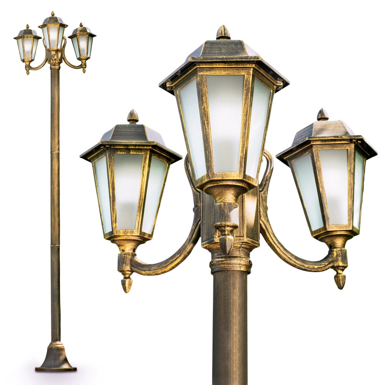 hofstein Außen-Stehlampe »Nurri« Außenleuchte Kandelaber in antikem Look, ohne Leuchtmittel, Aluguss in Schwarz/Gold mit Milchglas-Scheiben, 3-armig, E27IP44