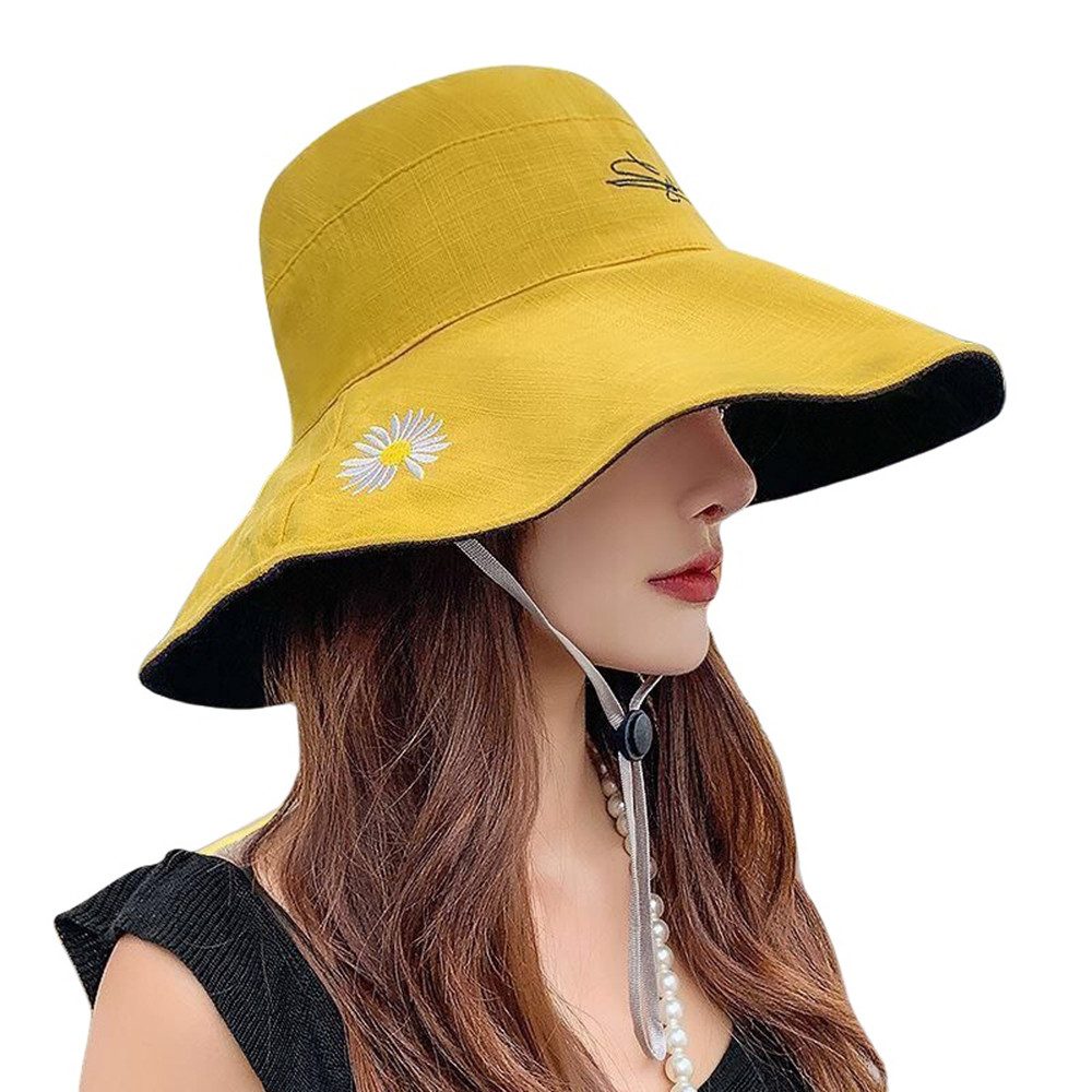 Zaewry Sonnenhut Damen Sommerhut Sonnenhut mit beidseitigem UV-Schutz Fischerhut mit gestickten Gänseblümchenmotiven