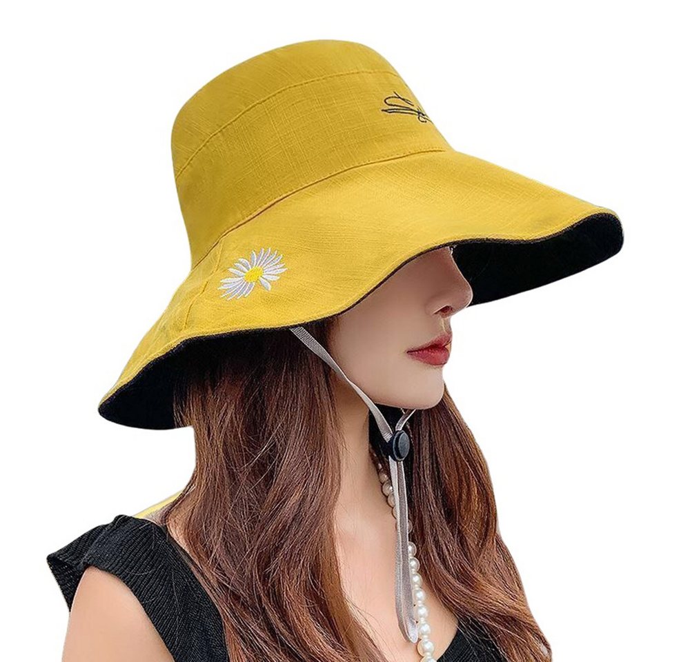 Zaewry Sonnenhut Damen Sommerhut Sonnenhut mit beidseitigem UV-Schutz Fischerhut mit gestickten Gänseblümchenmotiven