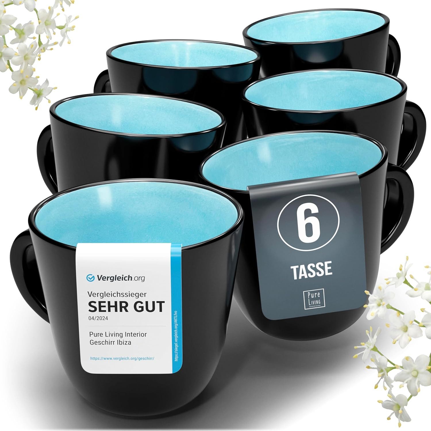 PURE LIVING INTERIOR DESIGN Geschirr-Set Ibiza Becher, 6er-Set, 435 ml, Aquamarin, Steingut (6-tlg), 6 Personen, Steingut, Spülmaschinenfest, mikrowellengeeignet, für Heißgetränke geeignet