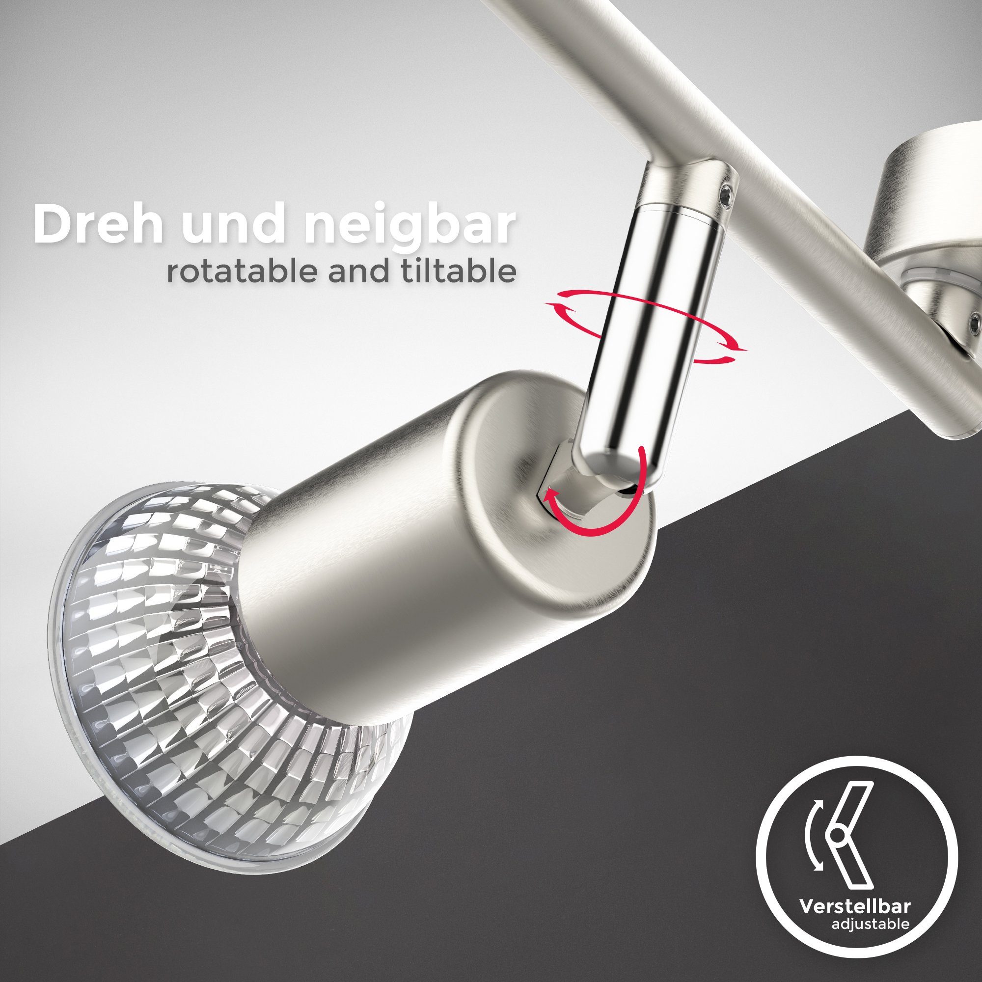 inkl. 3.000K drehbare LED GU10-Leuchtmittel, BK_DS1024 wechselbar, Matt-Nickel, Warmweiß, Spotlampe, Schwenkbare warmweiße Deckenspot Deckenlampe, LED 4x cm 60,5x10,5 Lichtfarbe, B.K.Licht