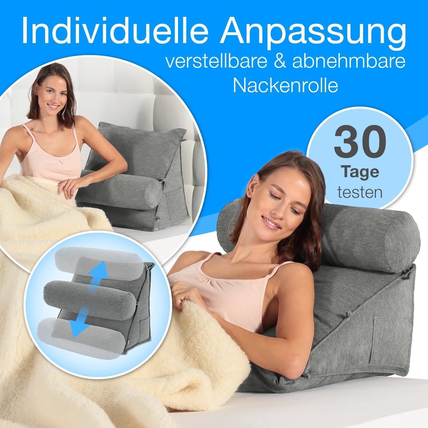 ELONEO Rückenkissen mit Nackenrolle für Bett & Sofa, 55x50x30cm, waschbarer Bezug