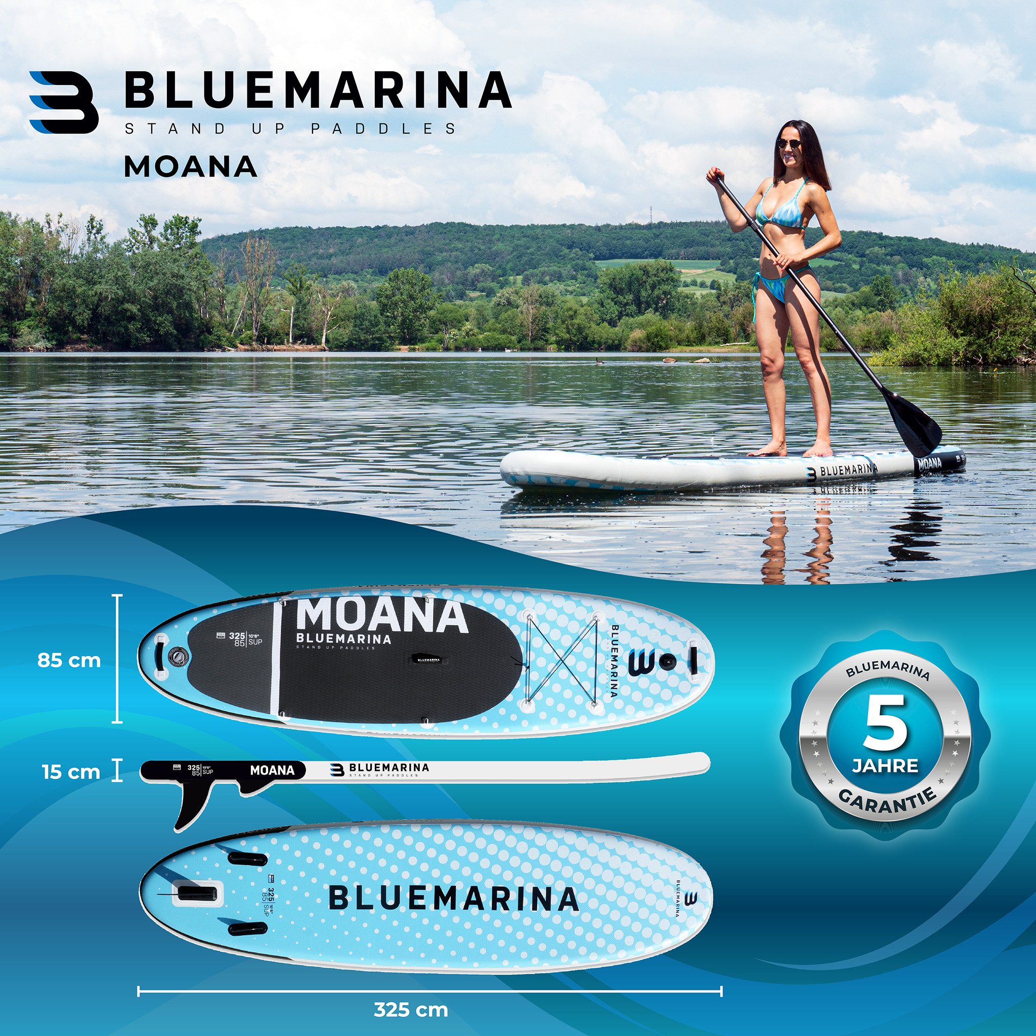 Bluemarina SUP-Board Moana SUP Board, Stand Up Paddle aufblasbar inkl. 5 J. Garantie, aufblasbar, (SUP aufblasbar, SUP Anfänger, Stand Up Paddel Board mit Paddel, Stand Up Paddle, SUP Board, Stand Up Paddel Board), Surfbrett, Surfboard, Paddelboard