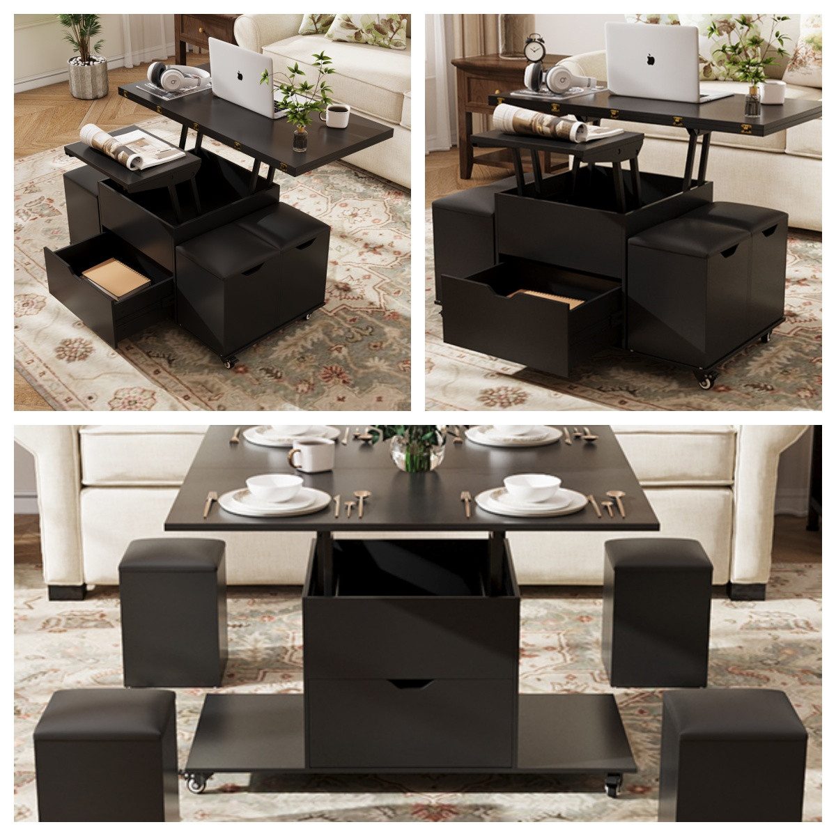 VOWNER Couchtisch 3-in-1-Multifunktions-Couchtisch mit Schublade & 4 Hockern (1-St), umwandelbar in Esstisch, höhenverstellbar