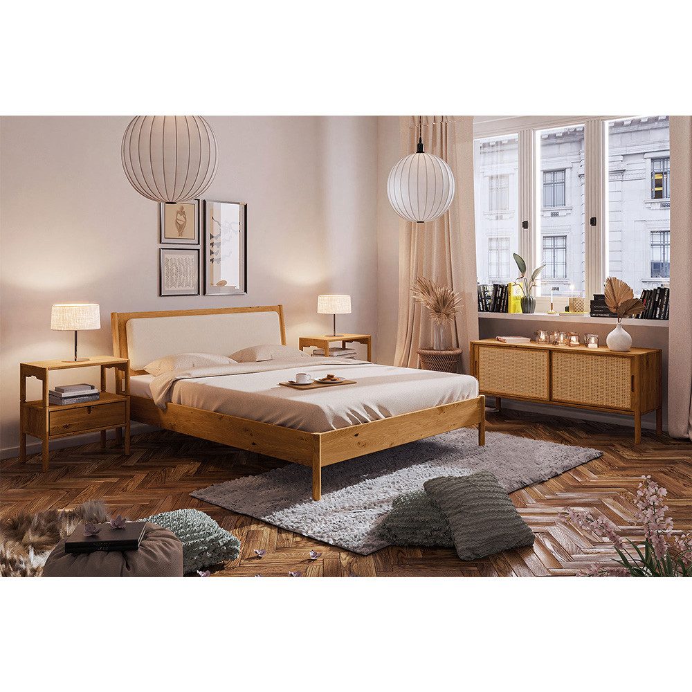 Lomadox Schlafzimmer-Set PORI-165, (Spar-Set, 4-tlg., Bettgestell Nachttische Lowboard), Bett 160x200, Polsterkopfteil, Wildeiche massiv geölt, Rattangeflecht