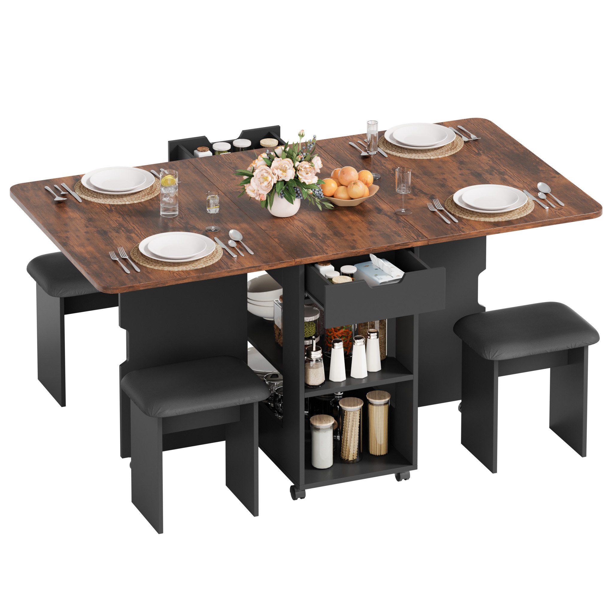 Mondeer Essgruppe Esstisch mit 4 Polsterhocker, (140x80 cm), Platzsparender Drop-Leaf-Tisch mit 2 Schubladen & Rollen