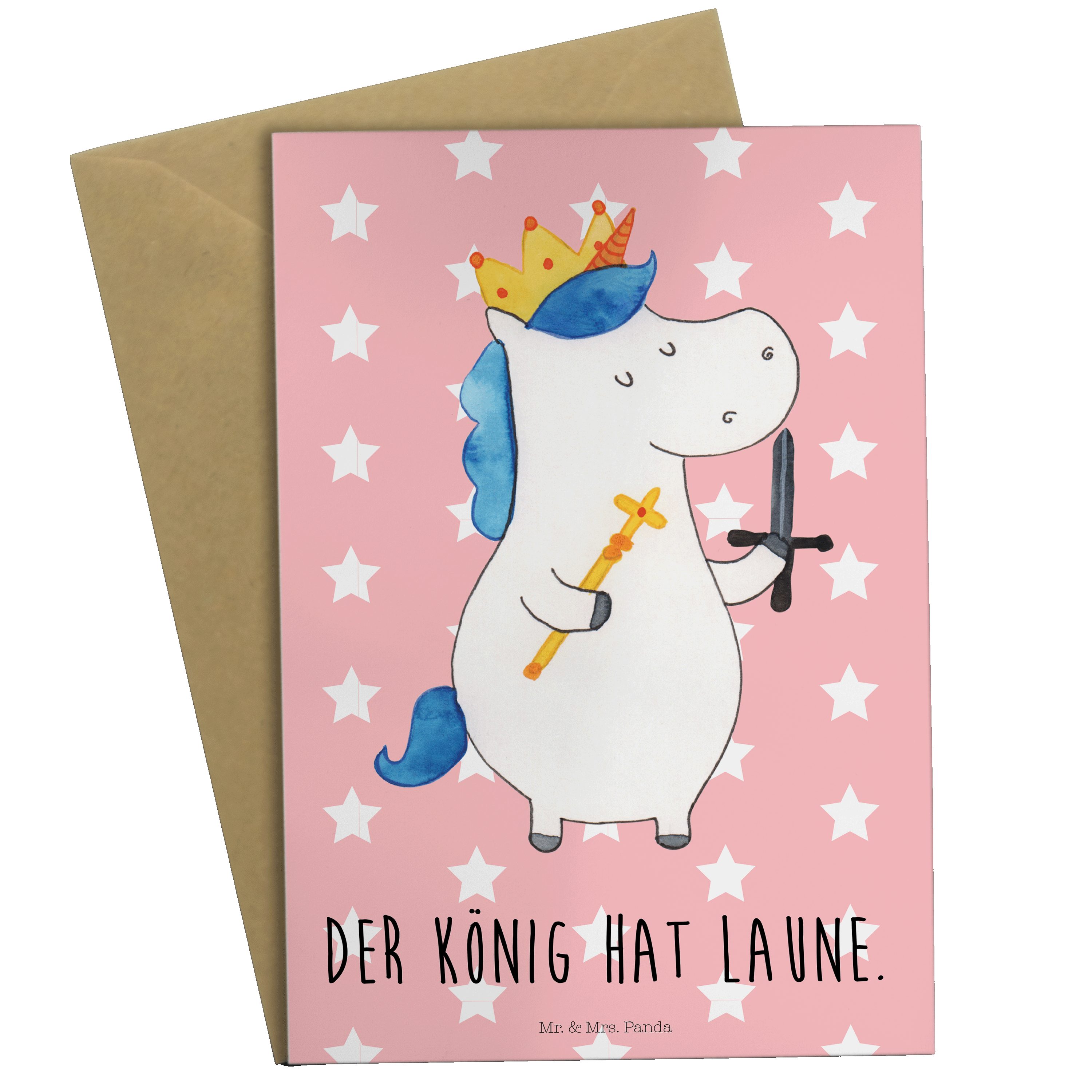 Mr. & Mrs. Panda Grußkarte Einhorn König mit Schwert - Rot Pastell - Geschenk, Geburtstagskarte