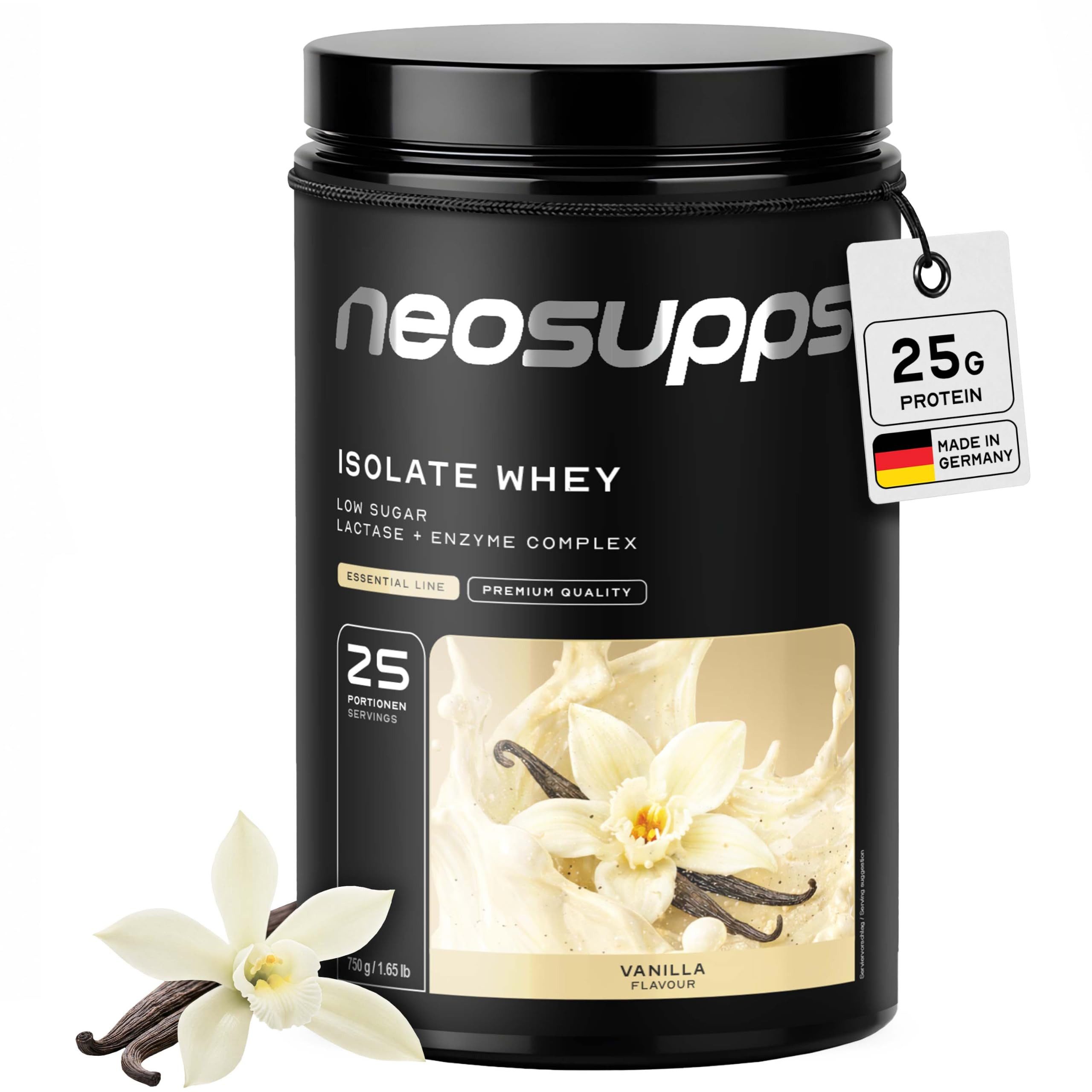Neosupps Isolate Whey Protein Pulver Vanilla, 25g Protein pro Portion Pulver, 750 g, Eiweiss Shake unter 1g Zucker & Fett, mit Bromelain und Papain