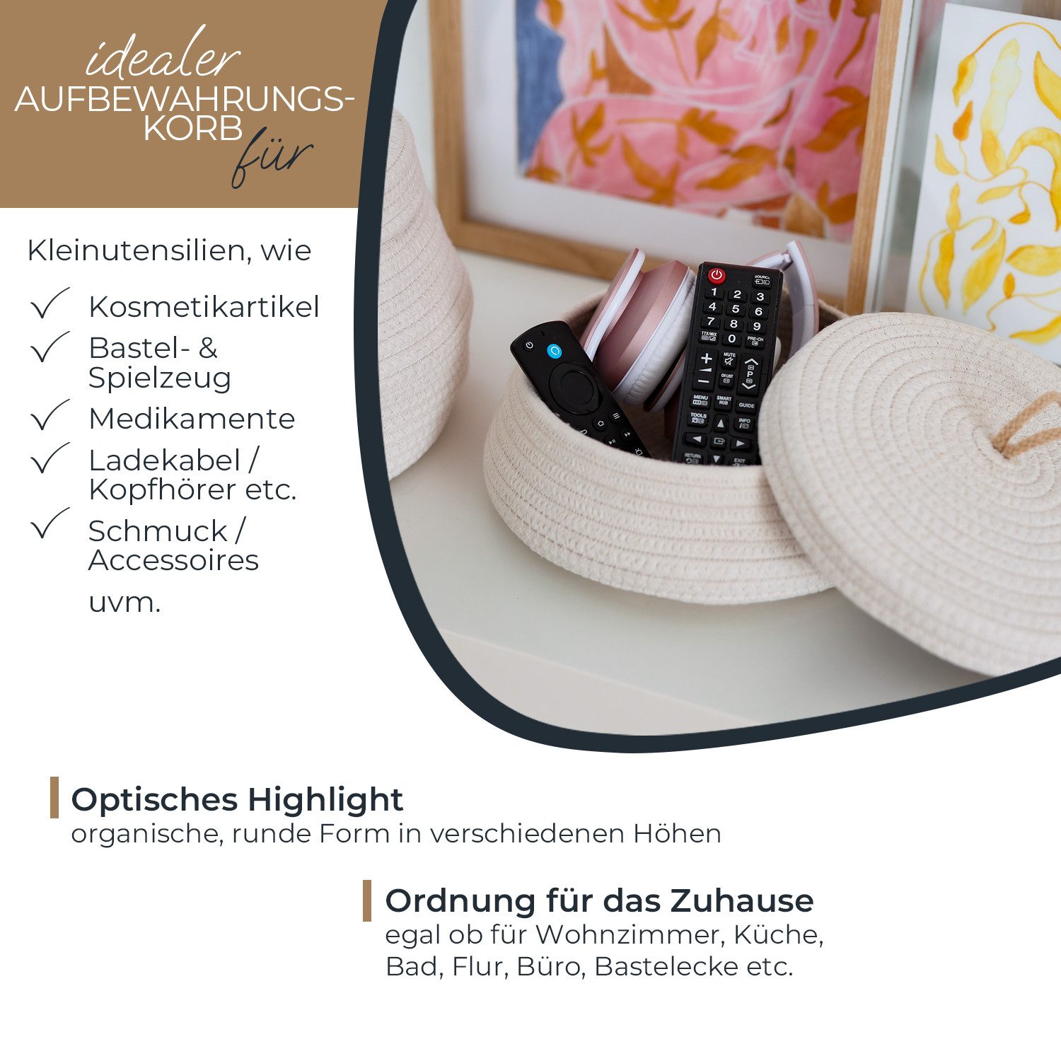 HMF Aufbewahrungskorb Aufbewahrungskorb Badezimmer rund, Korb mit Deckel aus Baumwolle, Flach, 25,5 x 11,5 cm, Creme