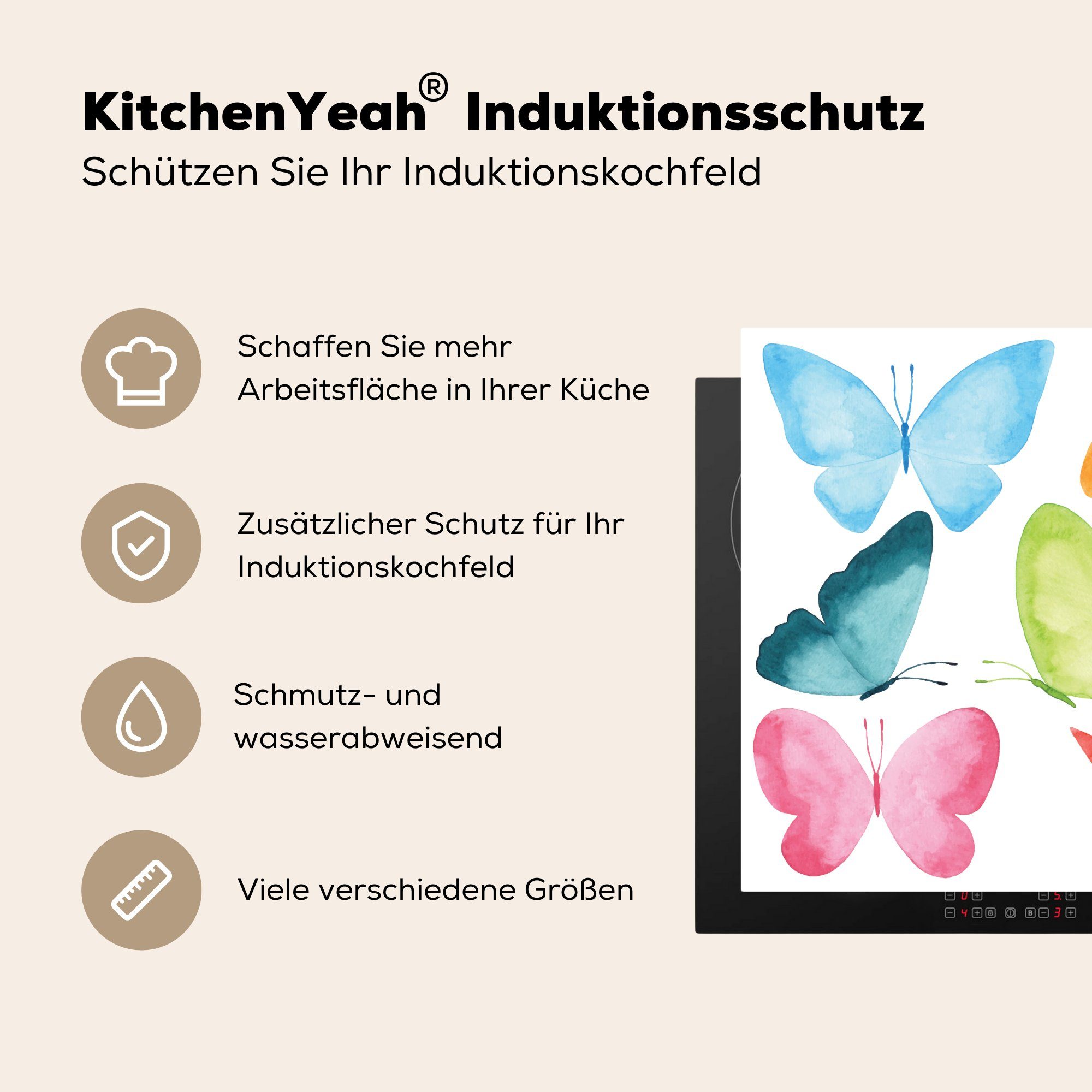 küche (1 Ceranfeldabdeckung, - Aquarell - 78x78 Malerei, cm, tlg), Vinyl, für Arbeitsplatte Schmetterling MuchoWow Herdblende-/Abdeckplatte