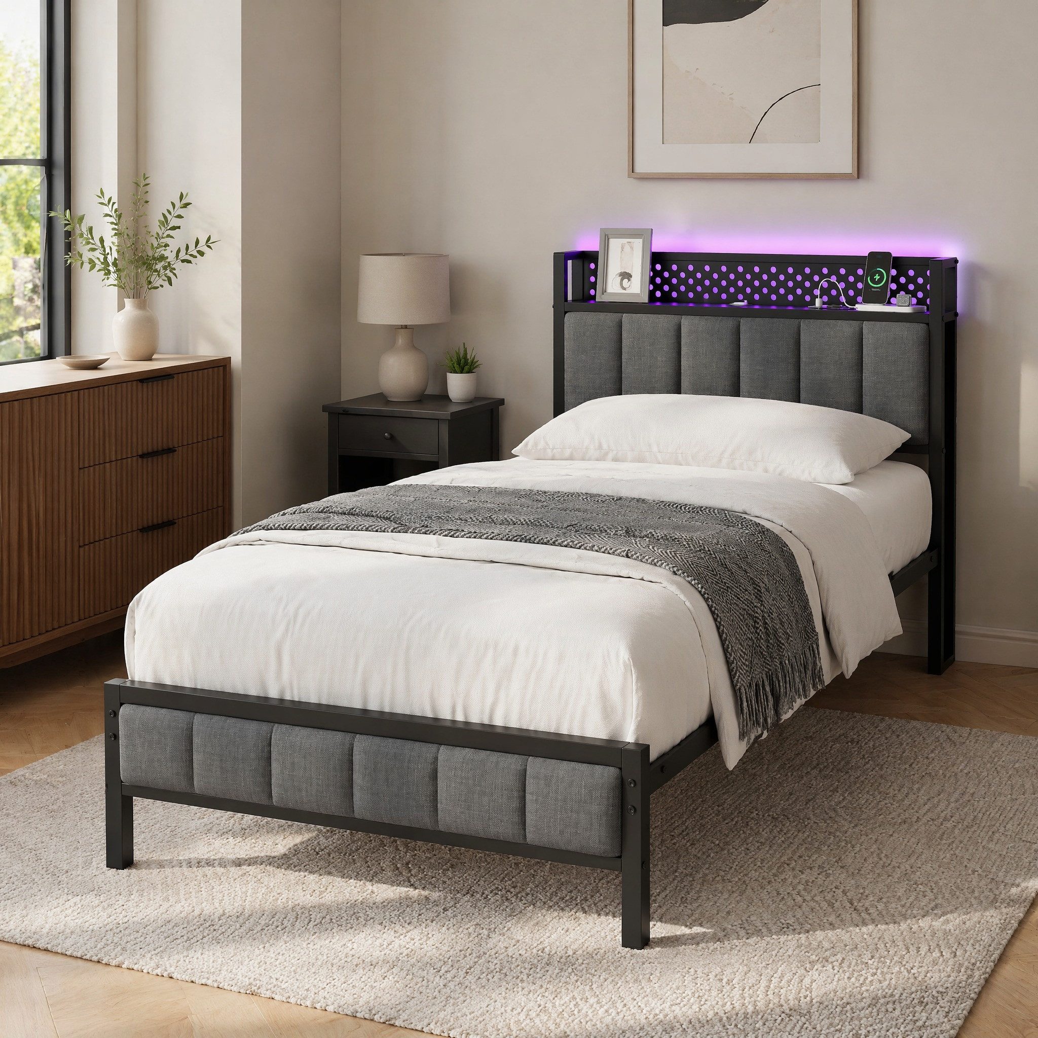 MODFU Metallbett 27 cm Bodenfreiheit, Ablagefach & modernes Design in Schwarz (Eisenbett, Funktionsbett mit Lattenrost, 1-tlg., Stabil, 90x200 cm Metallbett mit Ladekontakten & USB im Kopfteil), minimalistisch – ideal für Jugend- oder Gästezimmer, ohne Matratze