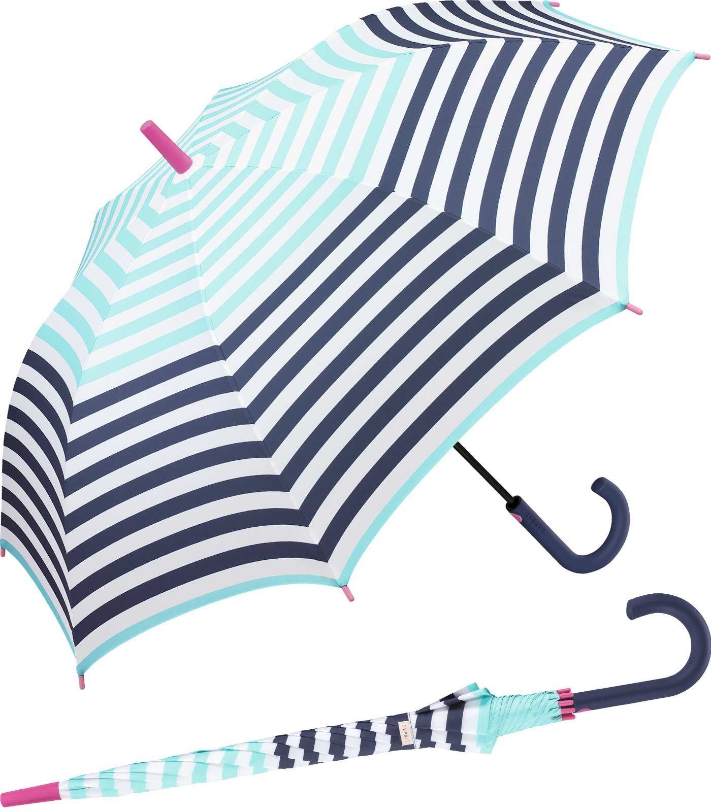 Esprit Langregenschirm großer Regenschirm für Damen mit Auf-Automatik, mit jugendlichem Streifenmuster - hellblau-navy | Stockschirme