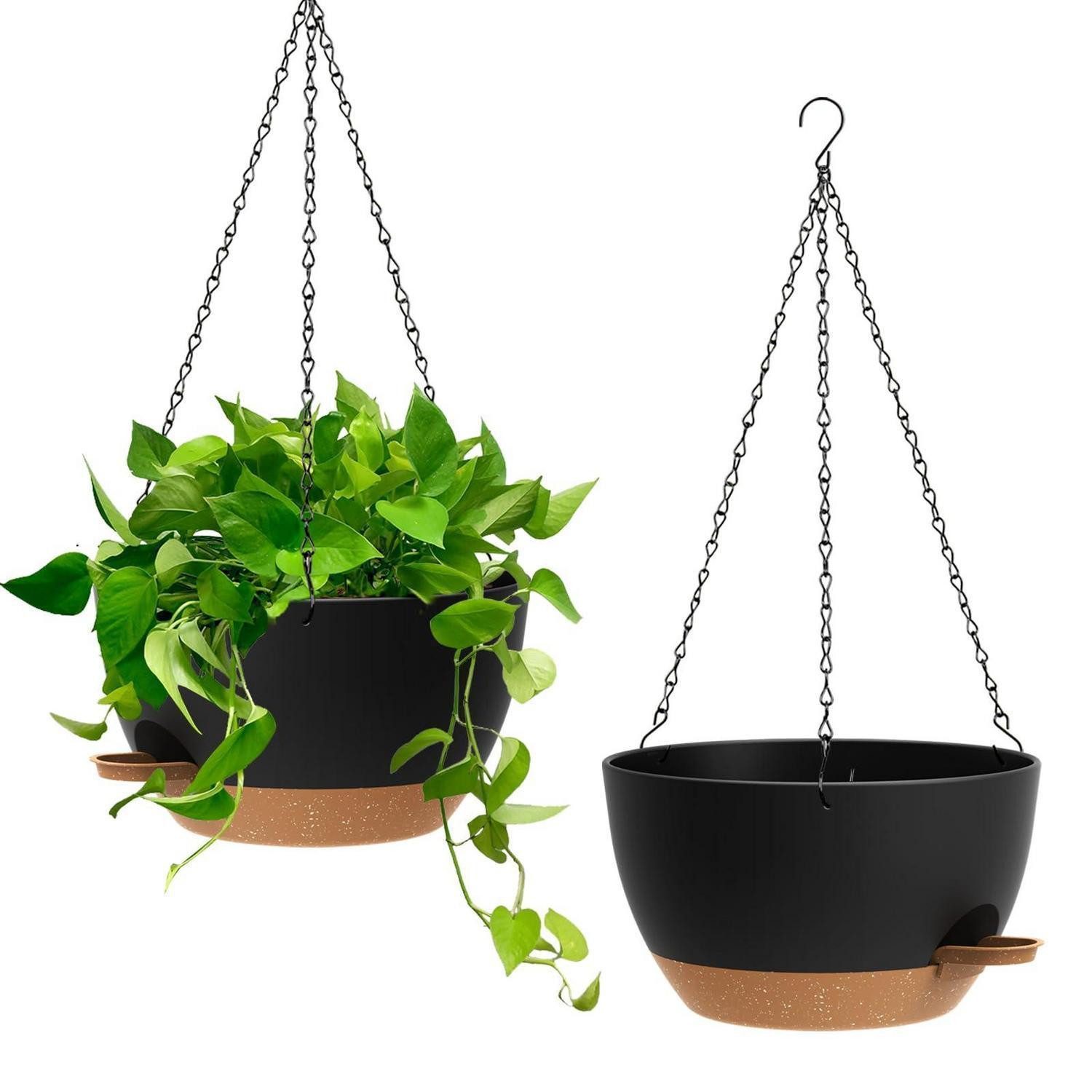 LuxusKollektion Blumentopf Blumenampel Selbstbewässernd 25cm 2er Set Hängend Schwarz mit Braun