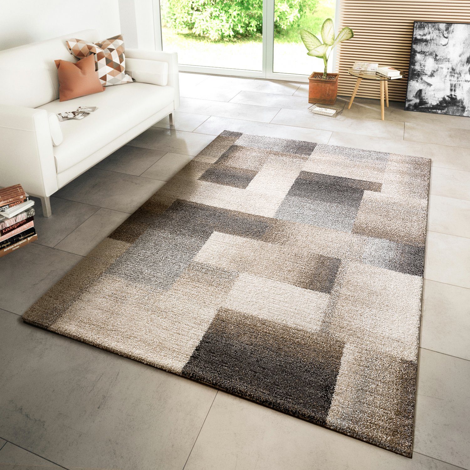 Teppich Modern Wohnzimmer Webteppich Style Karo Meliert Beige Creme Grau,  TT Home, rechteckig, Höhe: 32 mm