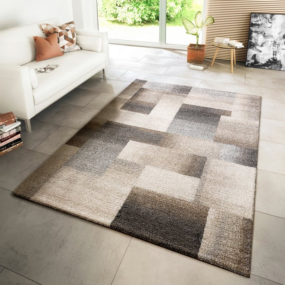 Teppich Modern Wohnzimmer Webteppich Style Karo Meliert Beige Creme Grau,  TT Home, rechteckig, Höhe: 32 mm