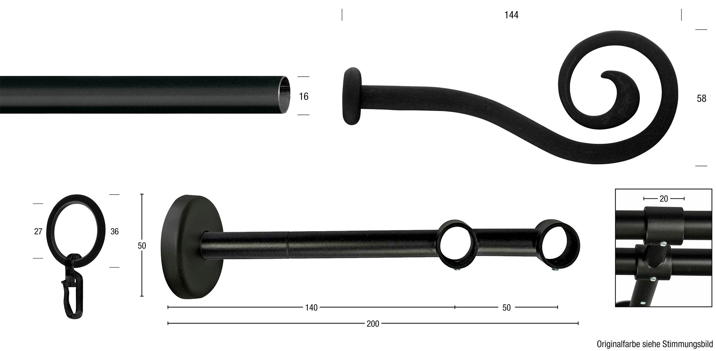 GARESA Gardinenstange ESPERANCA, Ø 16 mm, 2-läufig, Wunschmaßlänge, verschraubt, Vorhanggarnitur, verlängerbar, Endknopf Spirale, Eisen, mit Ringe