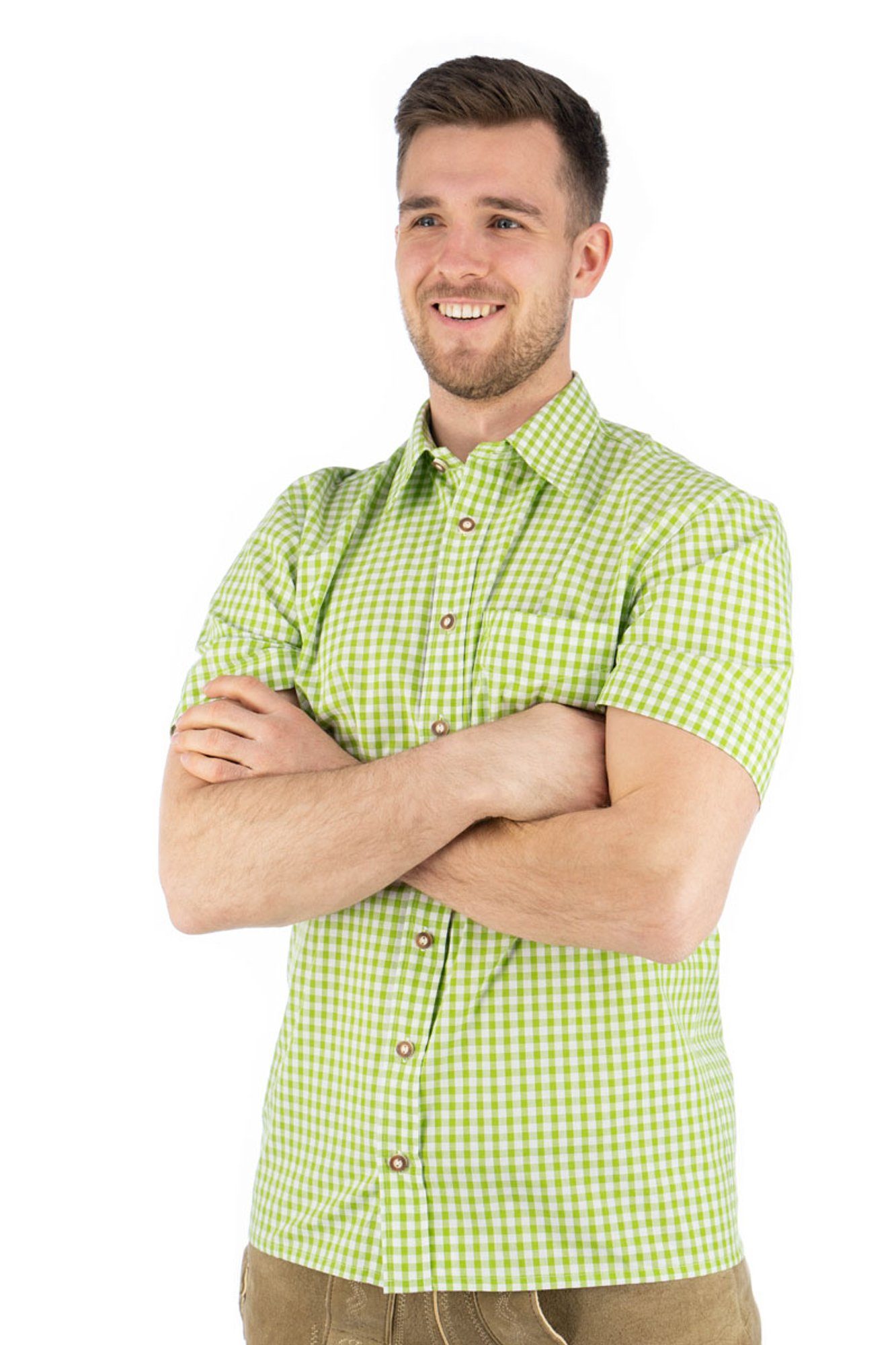 OS-Trachten Trachtenhemd Zihul Kurzarmhemd mit aufgesetzter Brusttasche mit Hirsch-Stickerei giftgrün