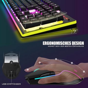 RedThunder RGB LED-Hintergrundbeleuchtung Tastatur- und Maus-Set, Mit QWERTZ DE Layout, Ergonomisch, Wiederaufladbar