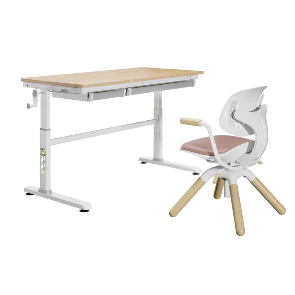 HOKO Kinderschreibtisch höhenverstellbar für Kinderzimmer (Schreibtisch, mit 2 Schubladen und 80x40 cm neigbarer Tischplatte), 120x60 cm Arbeitsfläche