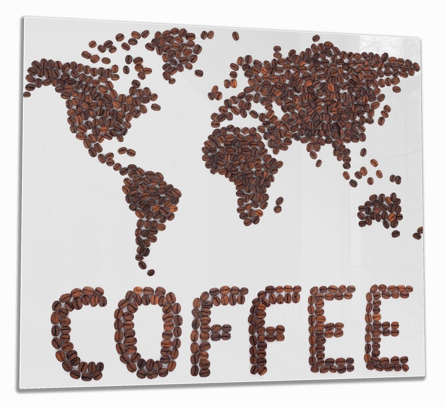 Wallario Herd-Abdeckplatte Weltkarte mit Schriftzug aus Kaffeebohnen, ESG-Sicherheitsglas, (Glasplatte, 1 tlg., inkl. 5mm Noppen), verschiedene Größen