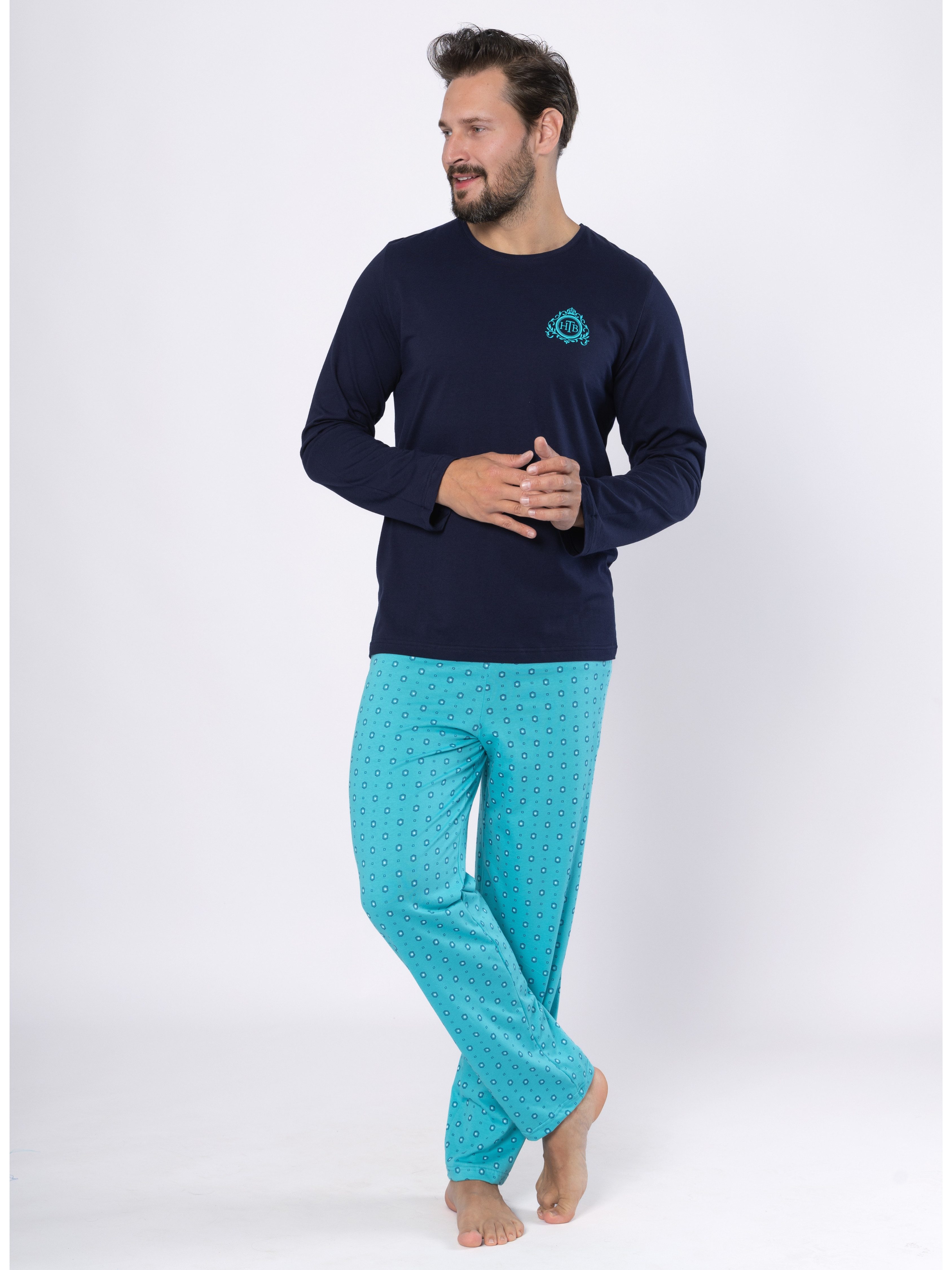 HOTBERG Pyjama Herren Schlafanzug lang Baumwolle (2 tlg) sportiver Pyjama in Dunkelblau-Türkis, Regular Fit
