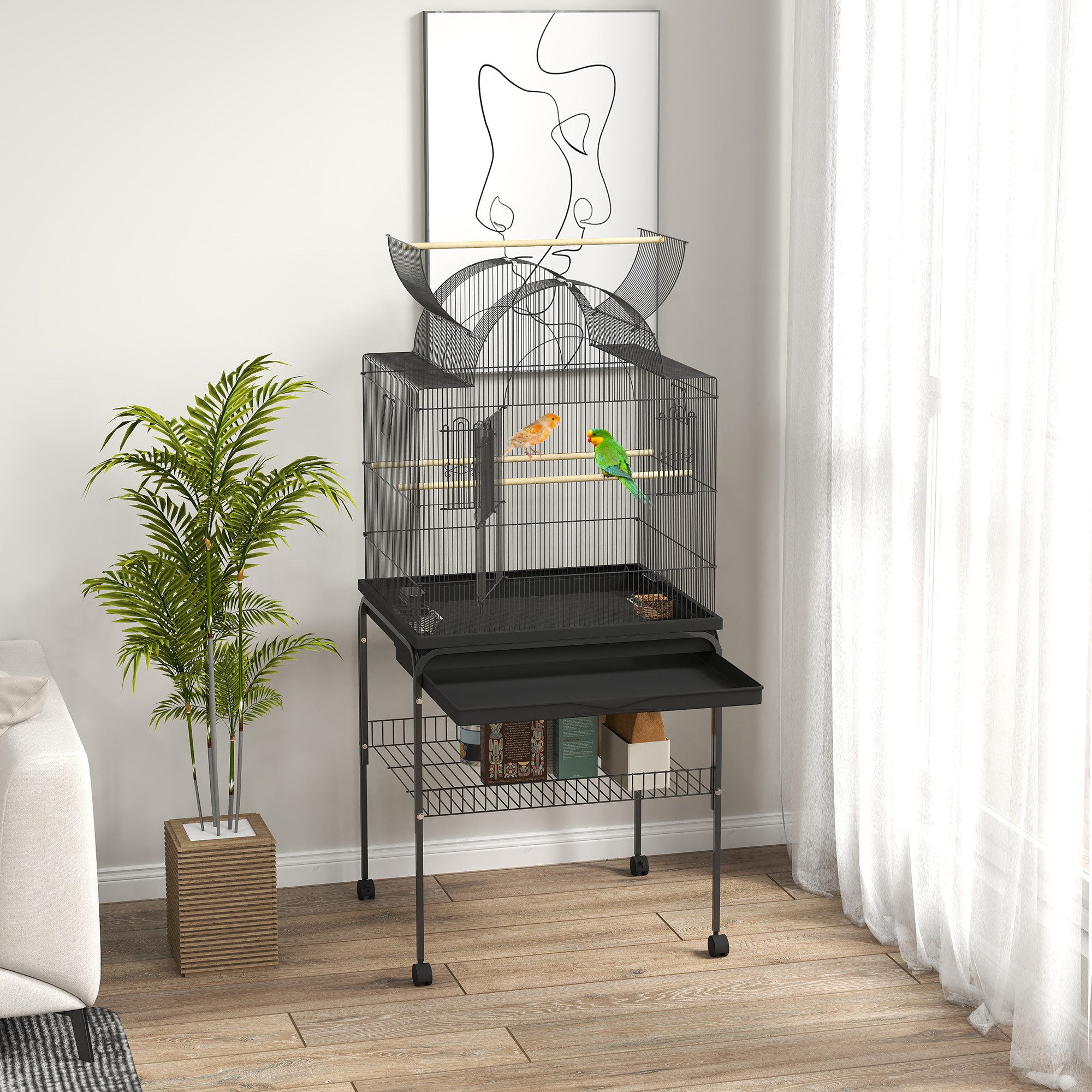 PawHut Vogelkäfig Vogelvoliere mit abschließbaren Türen, Sitzstangen, Voliere, für Kanarienvögel, Stahl 63 x 53 x 144 cm Schwarz