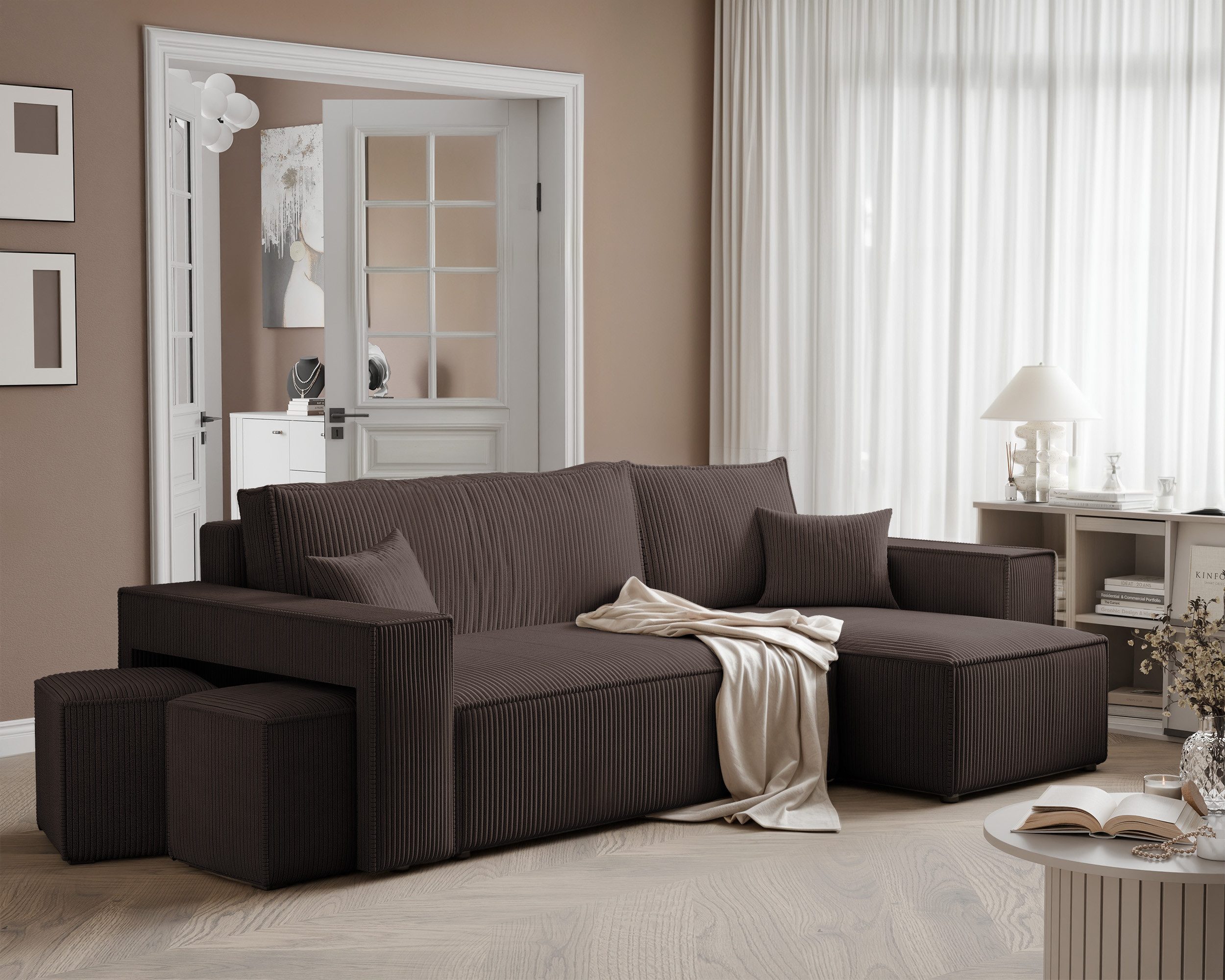 yourhouse24 Ecksofa PARIS in L-Form inkl. 2 Hocker – Schlaffunktion & Bettkasten, mit Schlaffunktion und Bettkasten, Seite universal