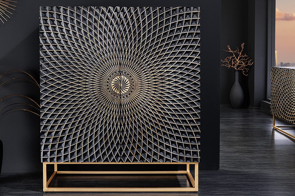 riess-ambiente Highboard ILLUSION 120cm schwarz / gold (Einzelartikel, 1 St), Mango-Massivholz · Metall · 3D Schnitzereien · Wohnzimmer · Design