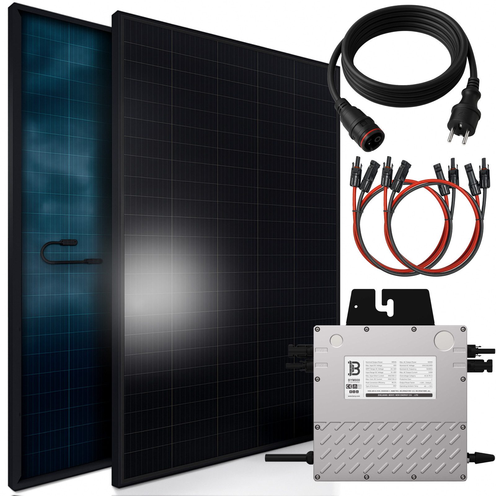 SUNNIVA Balkonkraftwerk 920W BIFAZIAL FULLBLACK komplett Steckdose, (Beny 800W Wechselrichter, PV Solaranlage, 2x 460W Glas-Glas Солнечные панели, inkl. 5m Kabel, Komplettset Photovoltaikanlage)